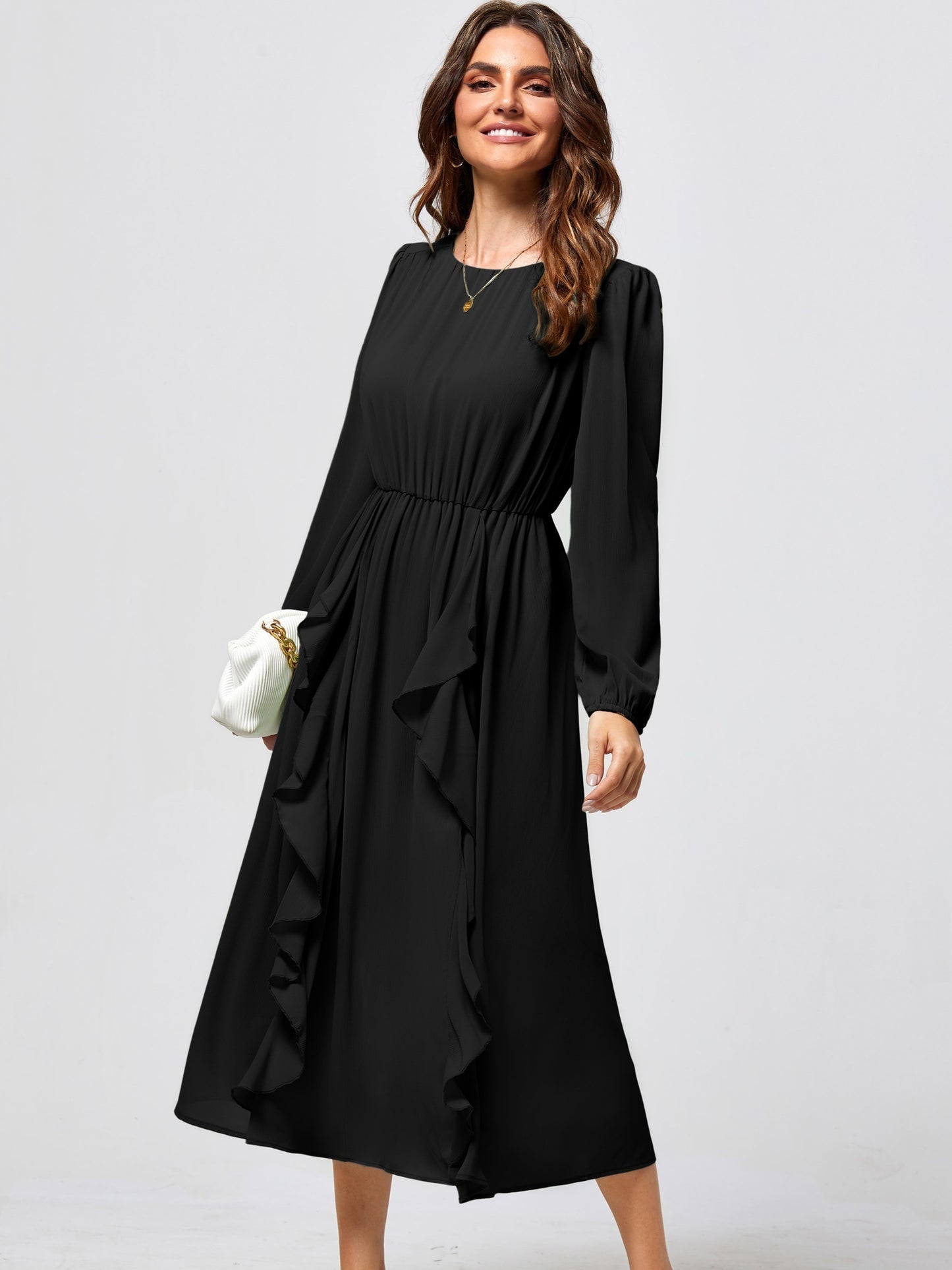 Womens Long Sleeve Wedding Guest Dresses Flowy Chiffon Ruffled A Line Midi Dresses 2024 Fall Casual Long Dress