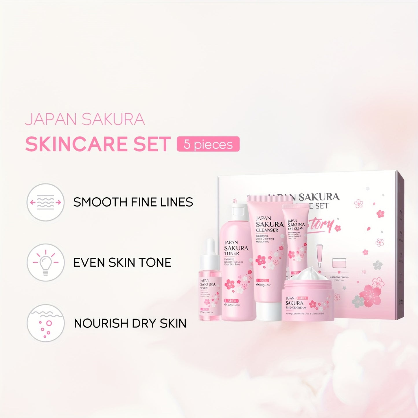 【7pcs Skin Care Set: Toner 5.41oz; Essence 1.01oz; Facial Cleanser 100g; Face Cream 50g; Eye Cream 30g; Hairband; Cleansing Sponge】LAIKOU JAPAN SAKURA SKINCARE SET With Hairband And Cleansing Sponge
