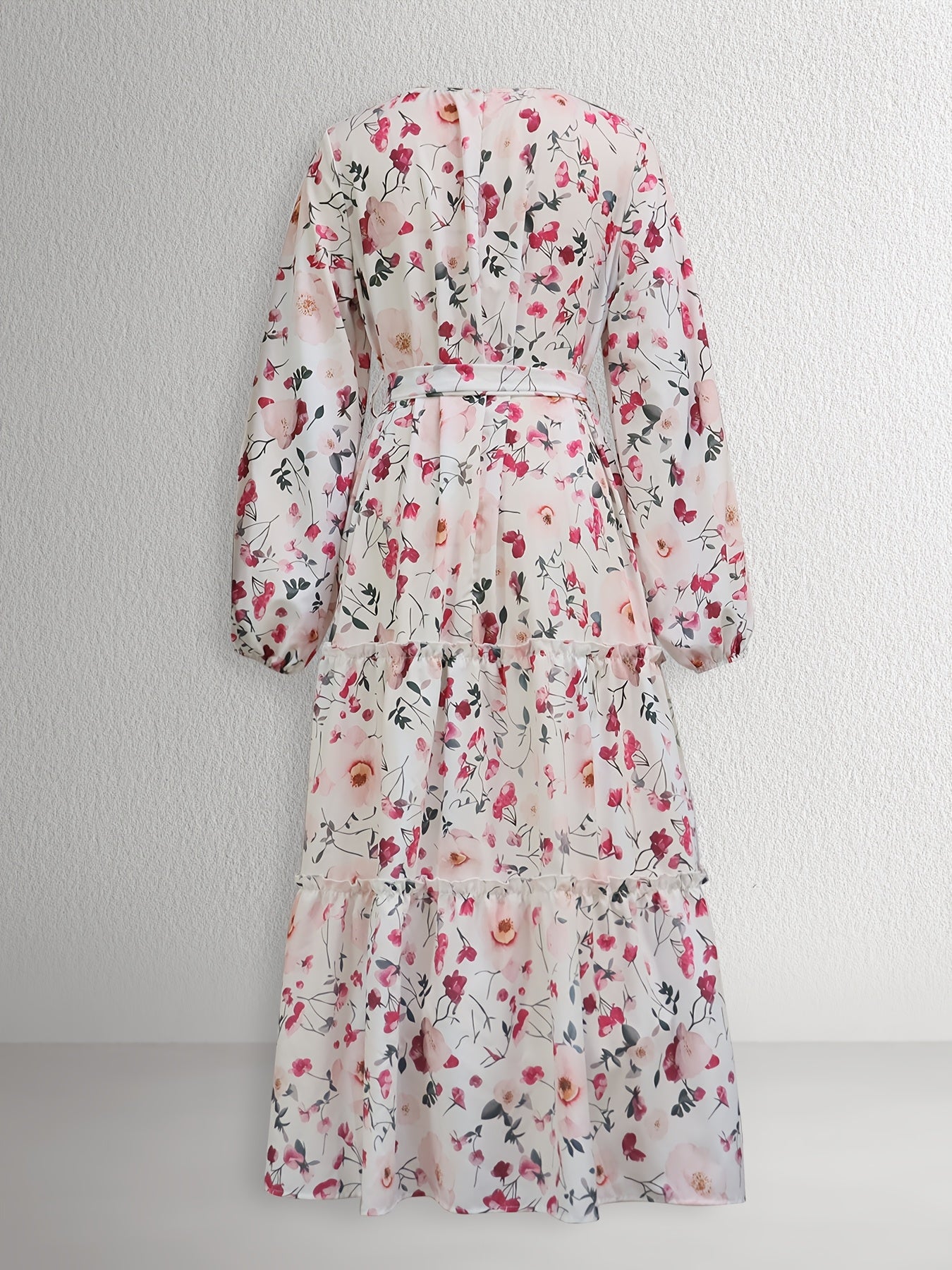 1pc Elegant Floral Print Long Dress for Women, Polyester Peplum with Belt Detail, Crew Neck, Spring/Summer Collection, Woven Fabric