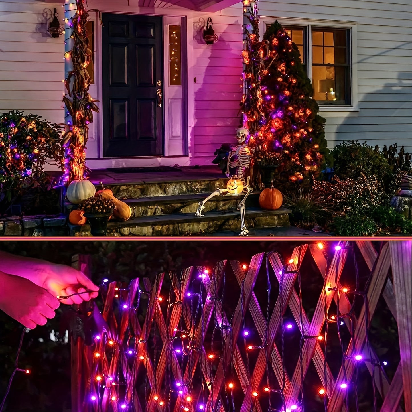 1pc Vibrant Halloween LED String Lights - 300/200/100 LED, 8 Lighting Modes, Waterproof, Connectable, Plug-in, Indoor/Outdoor Mini Lights for Holiday Party Bedroom Decorations (Purple & Orange)