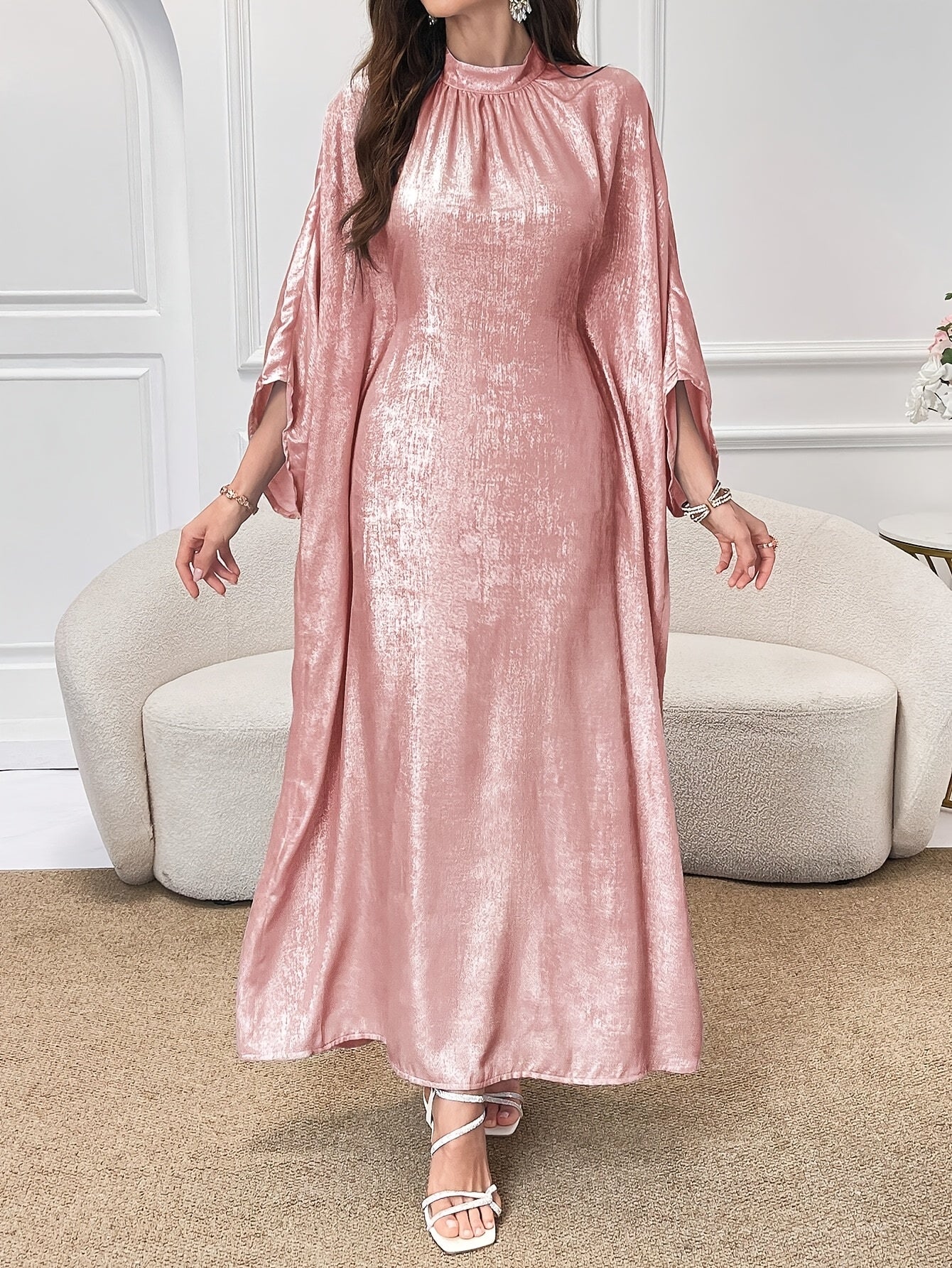 Solid Color Batwing Sleeve Long Dress
