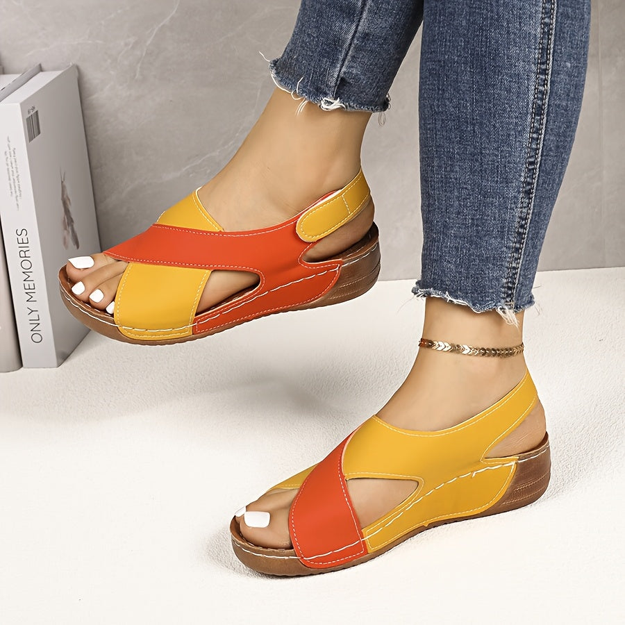 Women'S Color-Block Wedge Sandals - Open-Toe Summer Beach Shoes with Adjustable Hook-and-Loop Straps, Comfortable PU Upper & Cushioned Insole for Outdoor Wear, Strappy Sandals, Beach Footwear, Stylish Wedge Design, Durable Tr