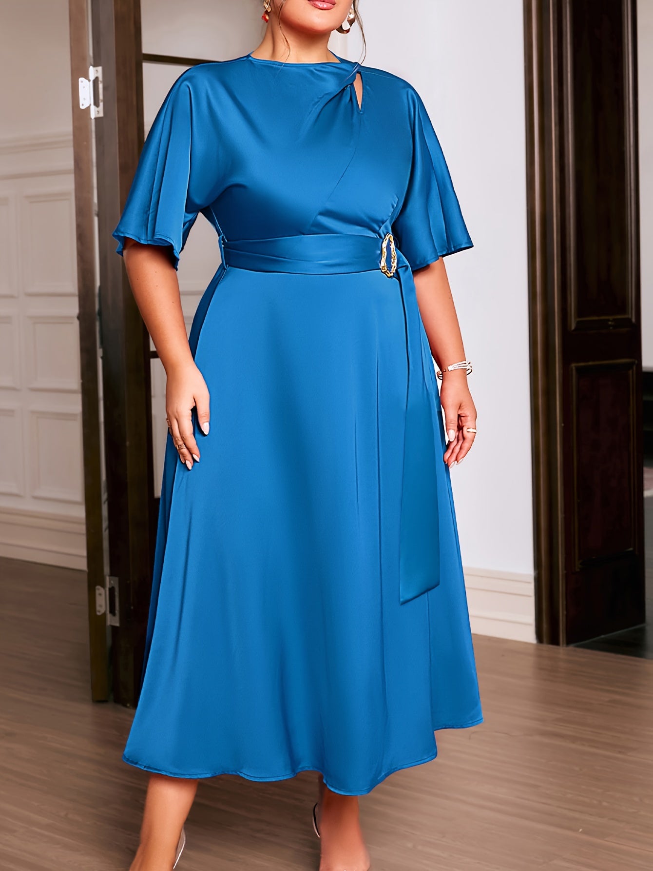 Plus Size Elegant Long Dress, Solid Color Polyester Spandex Blend Crew Neck Short Sleeve Fitted with Belt Detail