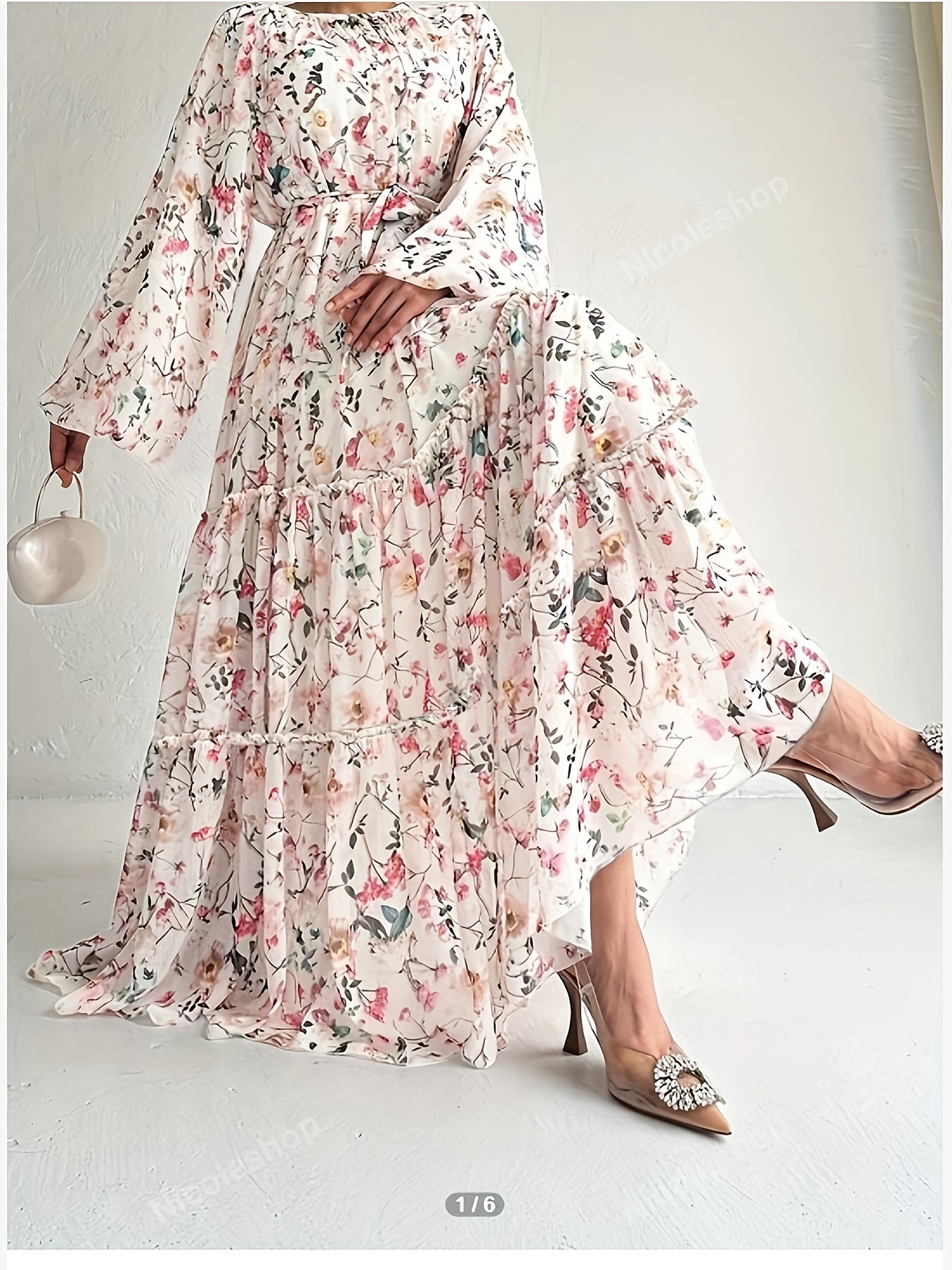 1pc Elegant Floral Print Long Dress for Women, Polyester Peplum with Belt Detail, Crew Neck, Spring/Summer Collection, Woven Fabric