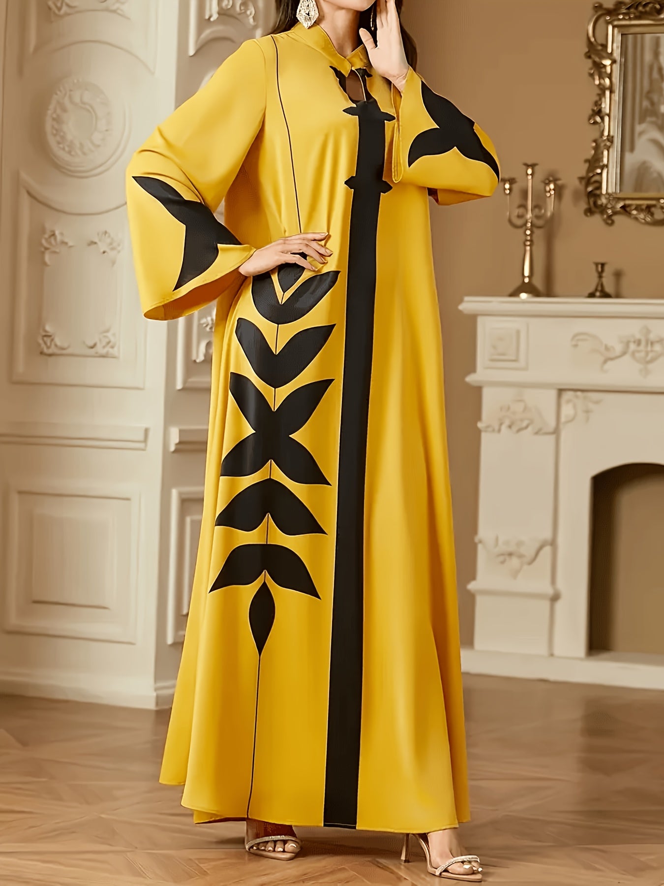 Elegant Yellow Floral Print V-Neck Kaftan Dress - Traditional Loose Fit Long Sleeve Maxi with Black Floral Patterns, Perfect for All Seasons, Festive Attire | Vneck Dress | Polyester Fabric