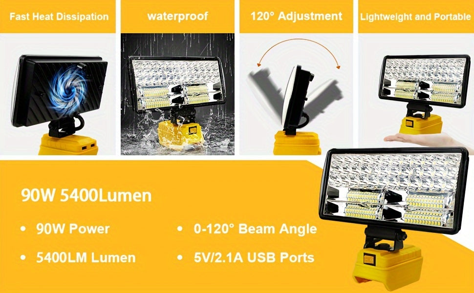 LED Work Light For DeWALT 20V MAX Battery, 90W 5400LM/60W 4500LM/48W 3800LM LED Flood Light For Outdoor, Camping, Car Repairing, Emergency And Job Site Lighting