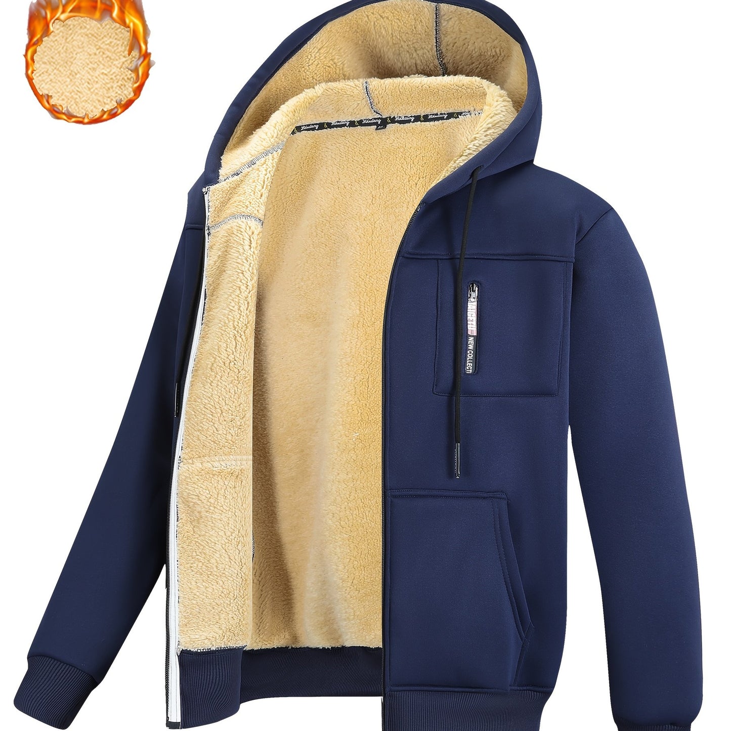 A Men's casual sports warm fleece hooded jacket with zipper opening and pocket, suitable for outdoor and training activities, autumn and winter clothing | casual style hooded sweatshirt | zipper hooded sweatshirt, Fleece Jack