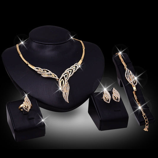 4pcs Vintage Boho Jewelry Set, 14K Golden Plated Alloy with Rhinestone Leaf Design, Necklace, Earrings, Ring, Bracelet for Women, Perfect for Wedding, Party, Banquet, Valentine'S Day Gift - All Seasons Accessory