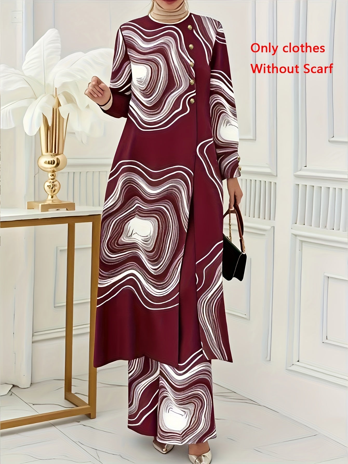 Ramadan, Women Button-Decorated Solid Color Long Sleeve Top & Pants Set, Arabic Style Clothing, Only Clothes, Without Headscarf