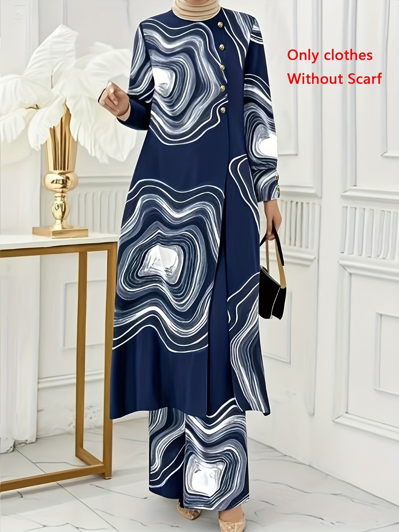 Ramadan, Women Button-Decorated Solid Color Long Sleeve Top & Pants Set, Arabic Style Clothing, Only Clothes, Without Headscarf