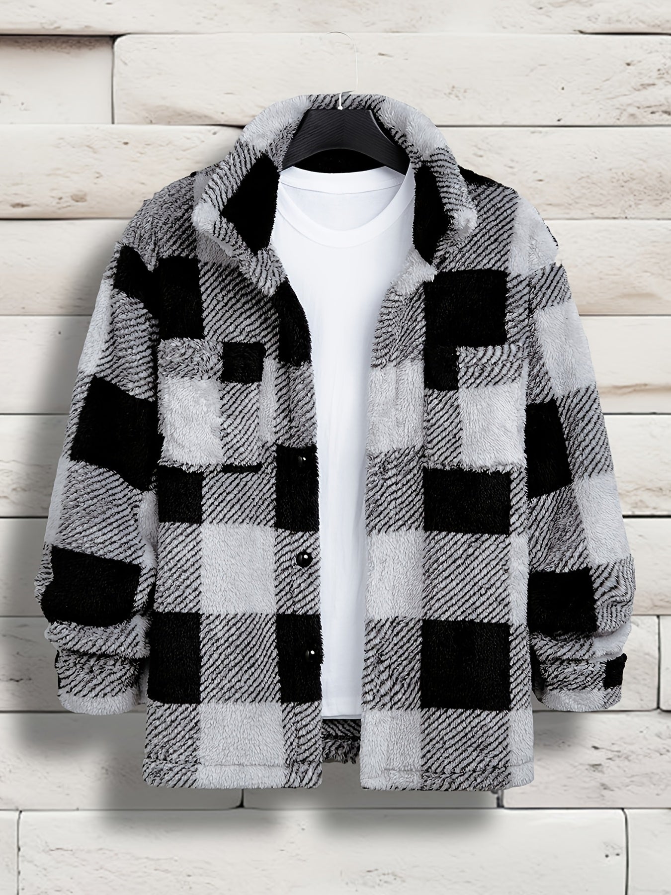 Men's Cozy Plaid Fleece Jacket - Casual Button-Up with Lapel Collar, Long Sleeves for Winter Warmth