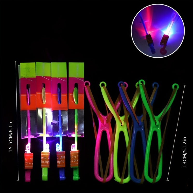 8pcs, Led Lighting Up Luminous Toy, Flying Slingshot, Flying Toys, Fast Catapult Luminous Toy, Glow In Dark Party Supplies, Party Favors, Holiday Gifts, Children Gifts, Outdoor Luminous Toys