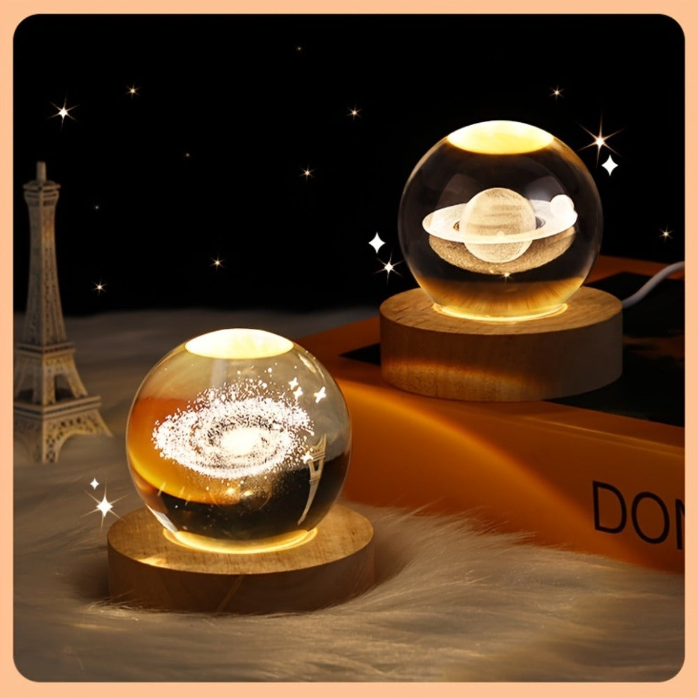 1pc 3D Crystal Ball Night Light - Planet Series USB Plug-in Wooden Base for Bedroom, Office Decoration, and Gift Giving - Unique LED Lighting, Ambience Enhancement, and School Season Party Favor