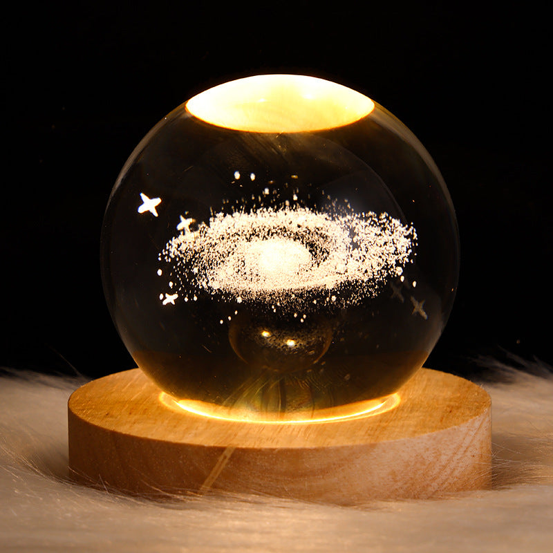 1pc 3D Crystal Ball Night Light - Planet Series USB Plug-in Wooden Base for Bedroom, Office Decoration, and Gift Giving - Unique LED Lighting, Ambience Enhancement, and School Season Party Favor