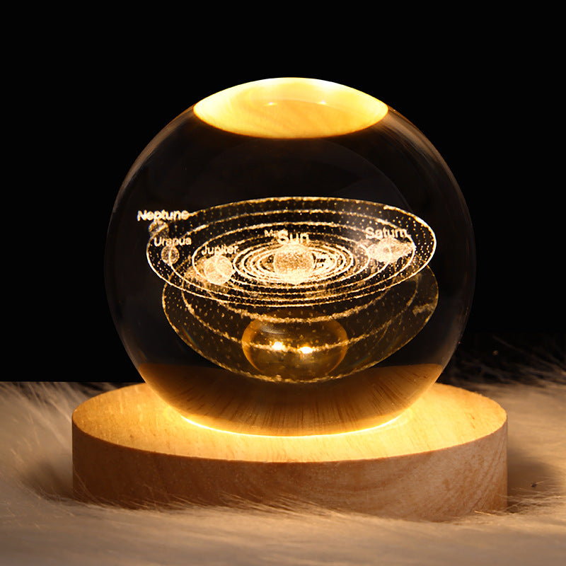 1pc 3D Crystal Ball Night Light - Planet Series USB Plug-in Wooden Base for Bedroom, Office Decoration, and Gift Giving - Unique LED Lighting, Ambience Enhancement, and School Season Party Favor