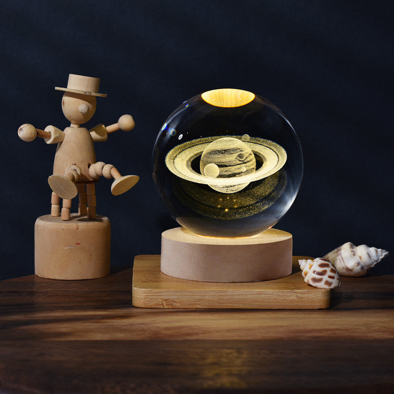 1pc 3D Crystal Ball Night Light - Planet Series USB Plug-in Wooden Base for Bedroom, Office Decoration, and Gift Giving - Unique LED Lighting, Ambience Enhancement, and School Season Party Favor