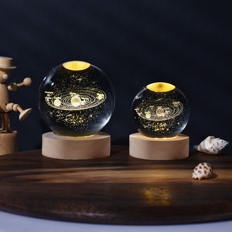 1pc 3D Crystal Ball Night Light - Planet Series USB Plug-in Wooden Base for Bedroom, Office Decoration, and Gift Giving - Unique LED Lighting, Ambience Enhancement, and School Season Party Favor