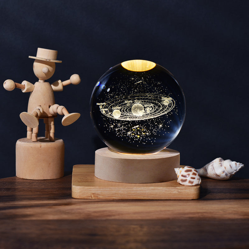 1pc 3D Crystal Ball Night Light - Planet Series USB Plug-in Wooden Base for Bedroom, Office Decoration, and Gift Giving - Unique LED Lighting, Ambience Enhancement, and School Season Party Favor