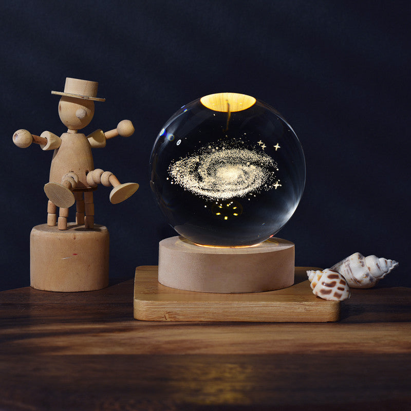 1pc 3D Crystal Ball Night Light - Planet Series USB Plug-in Wooden Base for Bedroom, Office Decoration, and Gift Giving - Unique LED Lighting, Ambience Enhancement, and School Season Party Favor