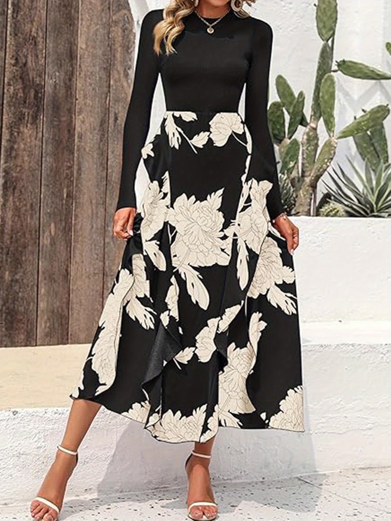 Women Fall Fashion Floral Long Dress, Crew neck Long Sleeve Ruffle Dress, Wedding Party Elegant Dress