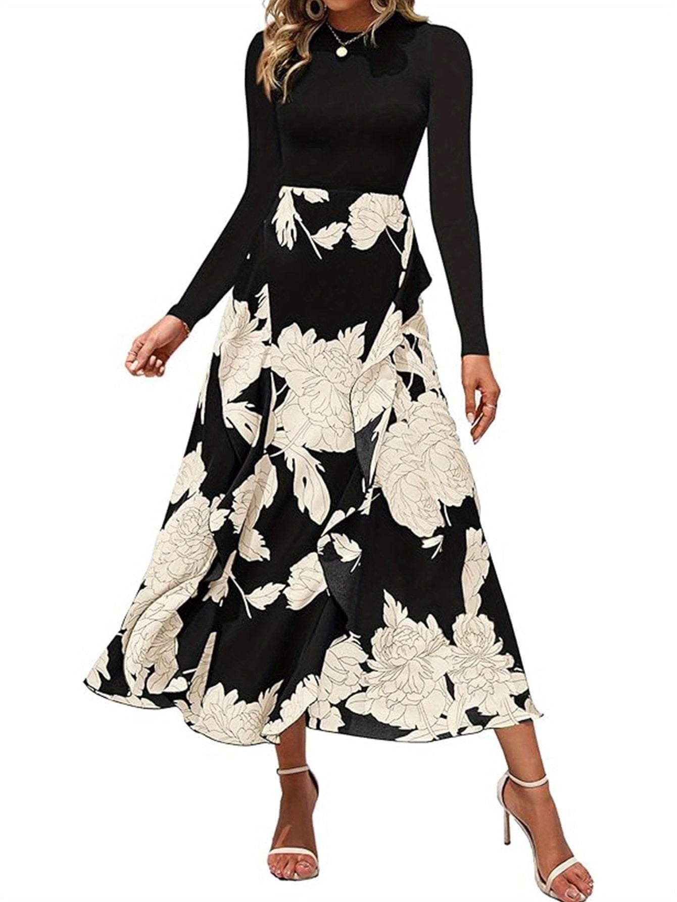 Women Fall Fashion Floral Long Dress, Crew neck Long Sleeve Ruffle Dress, Wedding Party Elegant Dress