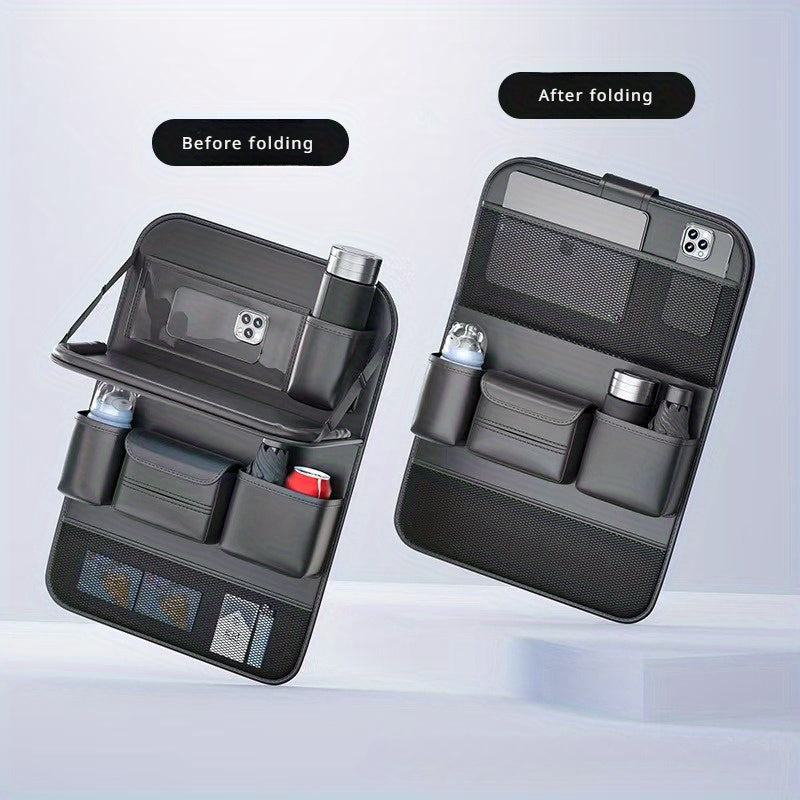 1Pc Genuine Leather Folding Table Automobile Storage Bag, Strong Support Plate, Car Seat Rear Hanging Storage Bag, Car Interior
