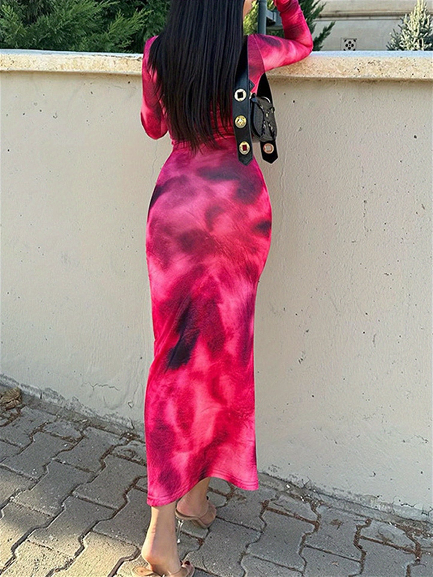 Women's Tie-Dye Long Dress Slim Round Neck Long Sleeve Bodycon Dress with Thumbholes for Party Club