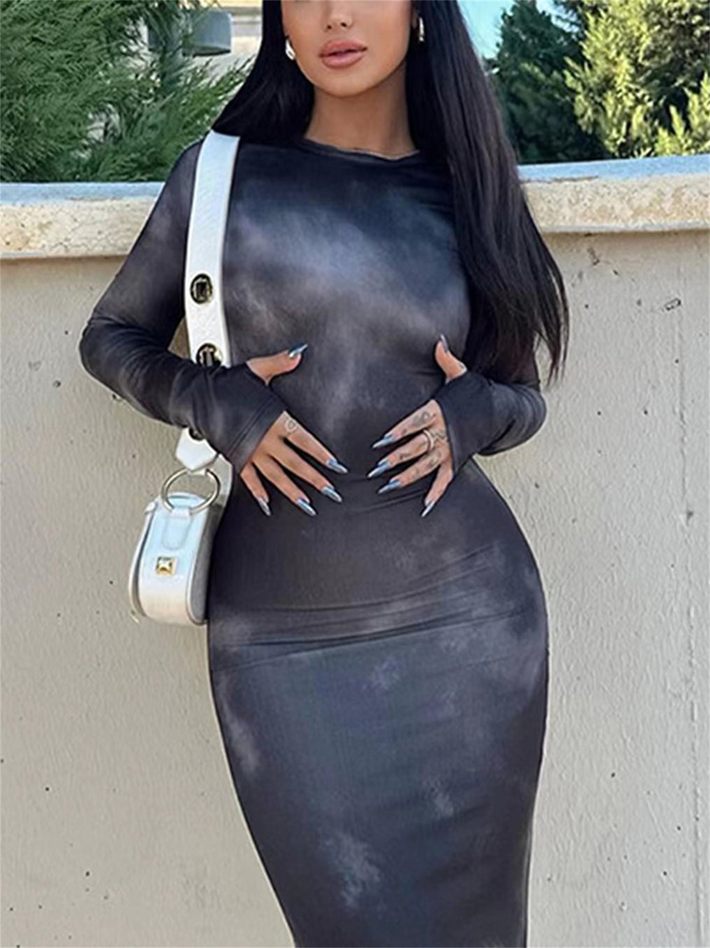 Women's Tie-Dye Long Dress Slim Round Neck Long Sleeve Bodycon Dress with Thumbholes for Party Club