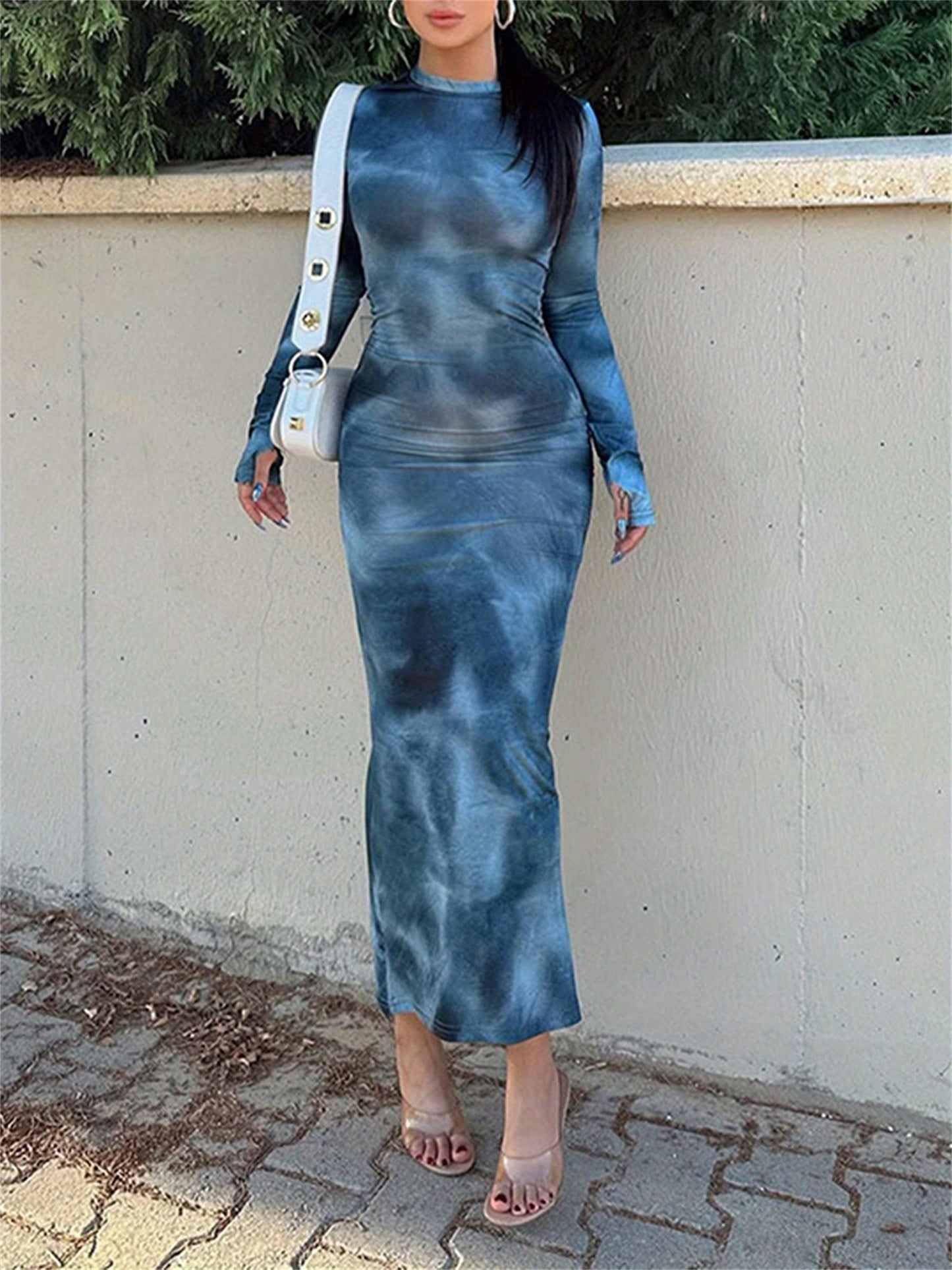 Women's Tie-Dye Long Dress Slim Round Neck Long Sleeve Bodycon Dress with Thumbholes for Party Club