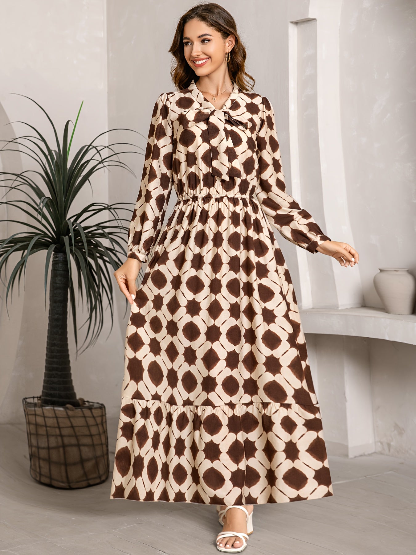 2025 Autumn New Women'S Elegant Geometric Print Maxi Dress - Long Sleeve, Bow Tie Neckline, Adjustable Cuffs, Waist Cincher, Flowy A-Line Skirt for Casual Outings, Dates & Holidays, Casual Outing Attire | Geometric Pattern Dr