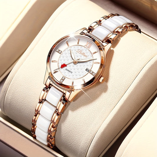 Luxury Ceramic Women's Watch with Rose Golden Case & White Dial - Quartz Movement, Date Display, Heart Accents - Elegant Valentine's Day Gift for Her, Date Feature Watch | Heart Motif Watch | Ceramic Strap Watch