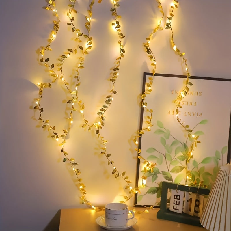 1pc Golden Leaf Wrap Copper Wire LED Decorative String Lights - Indoor Home Decor, Bedroom, Wedding, Christmas Holiday Decoration, 1/2/3M Long, Copper Wire, LED Lights, String Lights, Home Decorative Lighting