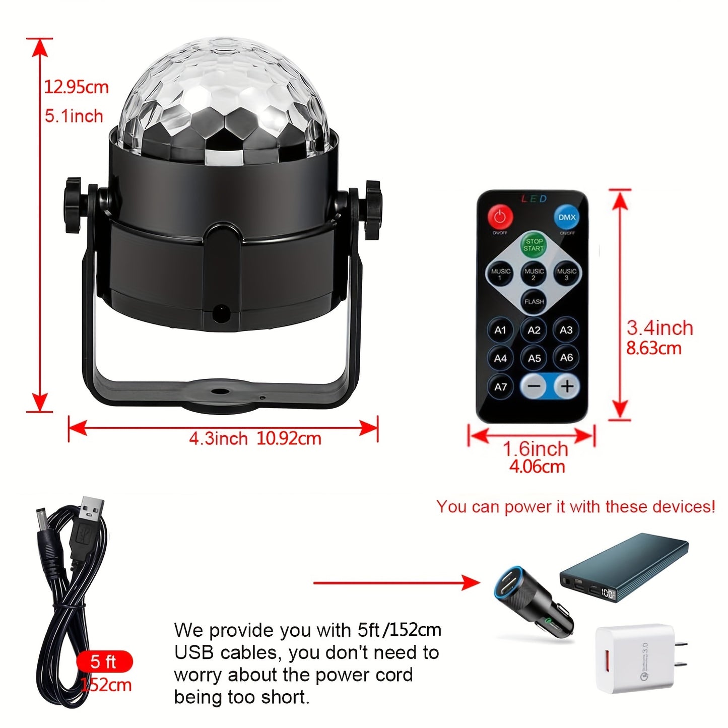 Disco Ball Party Lights Sound Activated Strobe Light With 5 Ft USB Cable, LED Dj Stage Lighting That Sync With Music, Indoor Room Birthday Rave Outdoor Dance Show Bar Karaoke Christmas Gift Eid Al-Adha Mubarak