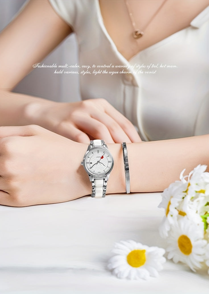 Luxury Ceramic Women's Watch with Rose Golden Case & White Dial - Quartz Movement, Date Display, Heart Accents - Elegant Valentine's Day Gift for Her, Date Feature Watch | Heart Motif Watch | Ceramic Strap Watch