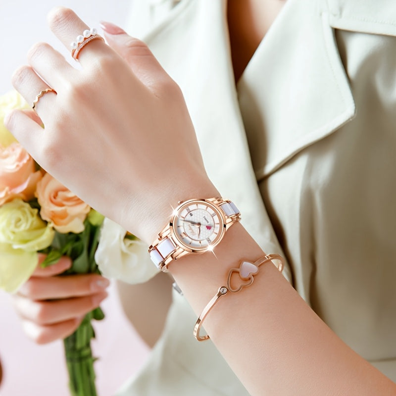 Luxury Ceramic Women's Watch with Rose Golden Case & White Dial - Quartz Movement, Date Display, Heart Accents - Elegant Valentine's Day Gift for Her, Date Feature Watch | Heart Motif Watch | Ceramic Strap Watch