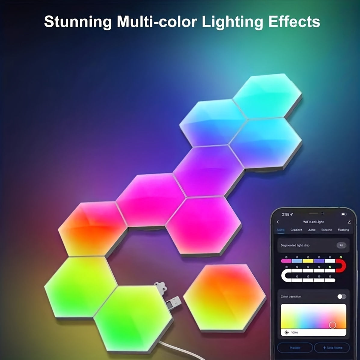 AmbiSync HexaGlow 10pc LED Wall Lights: USB-Powered, 16 Colors, App & Music Control, Remote, Modern Decor Lighting