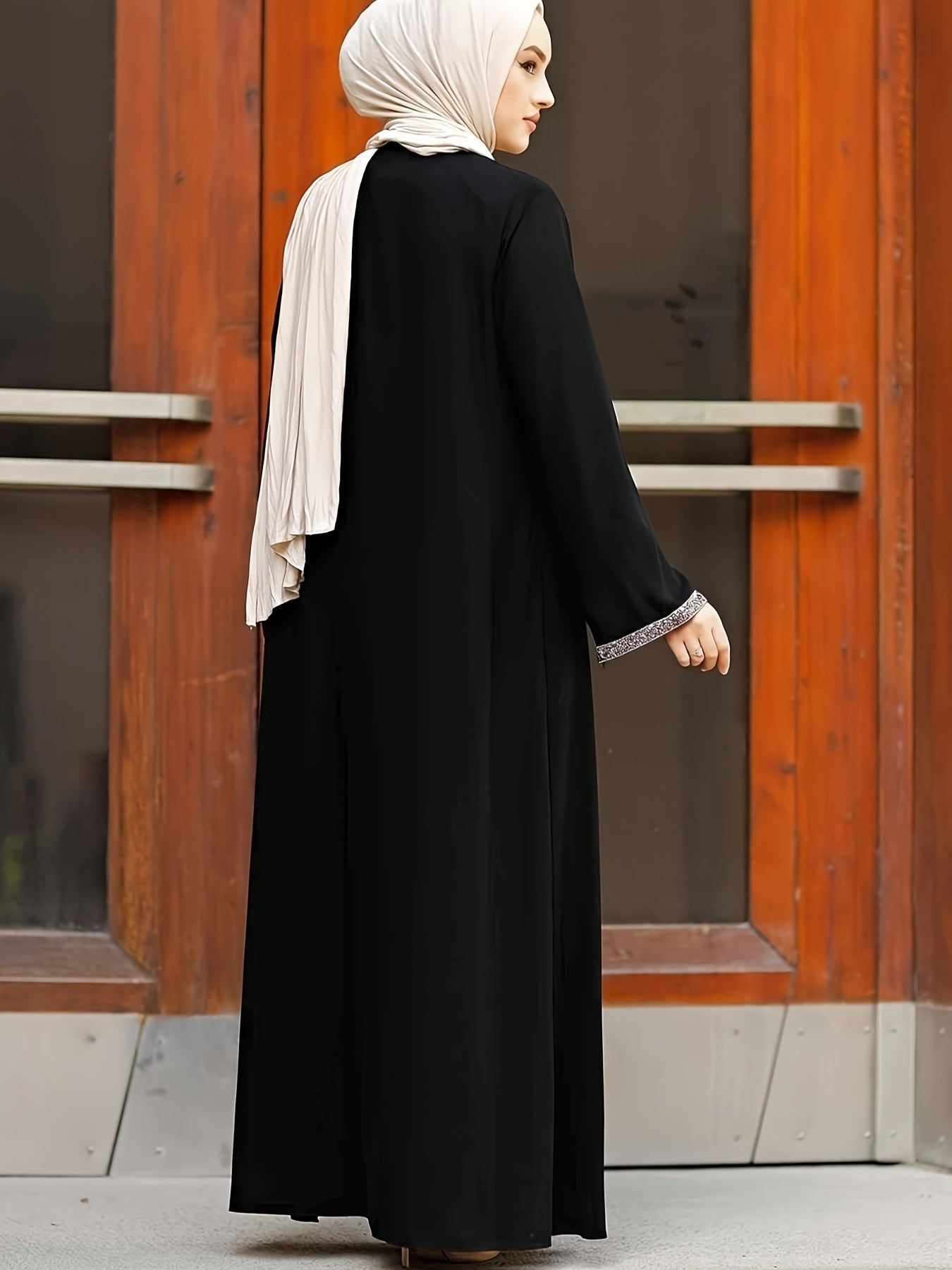 Middle Eastern Muslim Solid Color Zippered Tassel Round Neck Long Sleeve Sequined Women's Casual Abaya & No Headscarf
