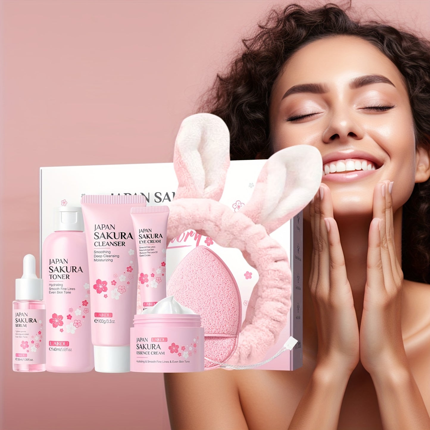 【7pcs Skin Care Set: Toner 5.41oz; Essence 1.01oz; Facial Cleanser 100g; Face Cream 50g; Eye Cream 30g; Hairband; Cleansing Sponge】LAIKOU JAPAN SAKURA SKINCARE SET With Hairband And Cleansing Sponge