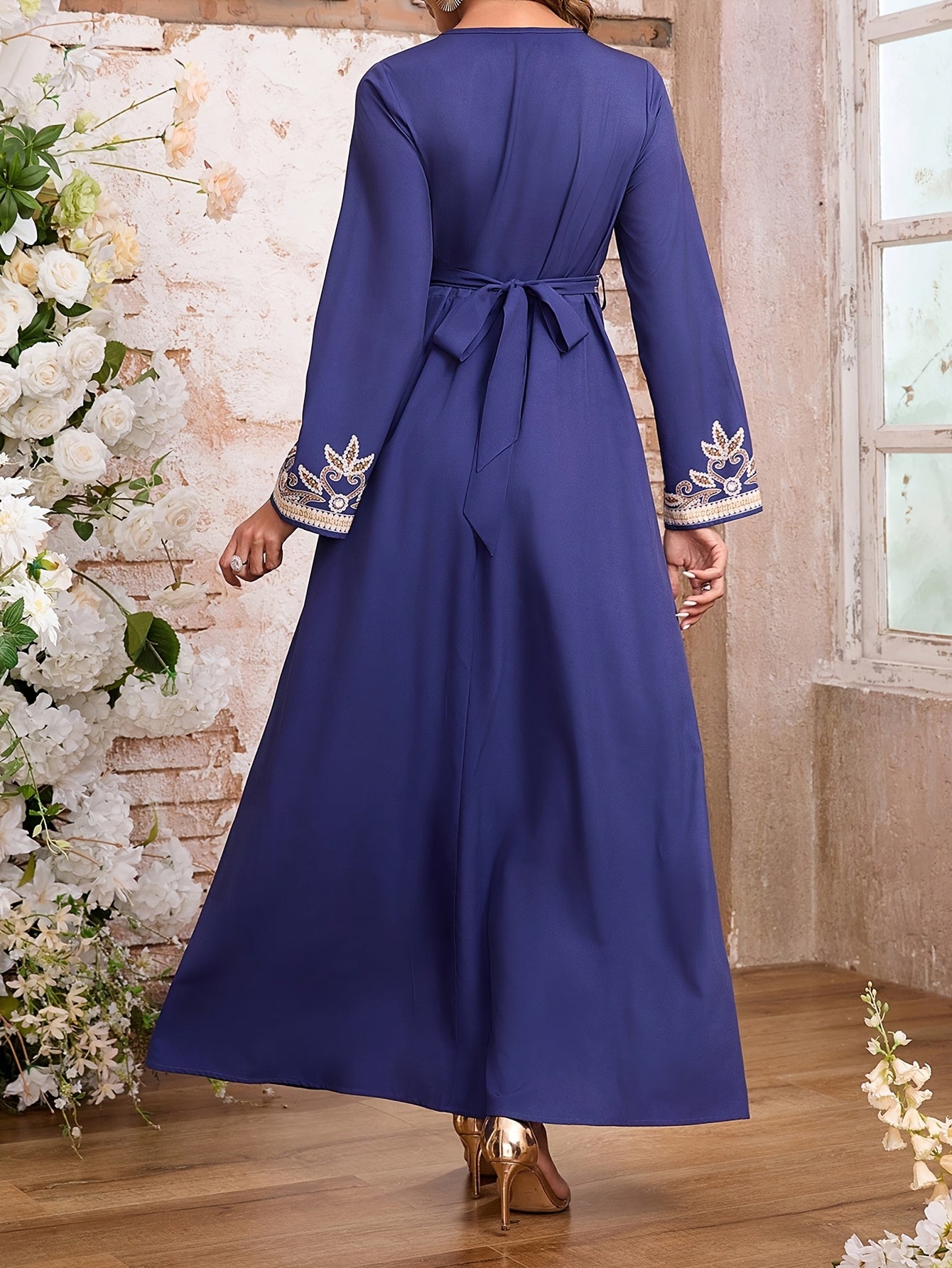 Women's Elegant Arabic Abaya Dress - Long Formal Muslim Wedding Gown with Floral Print, Navy Blue & Golden Islamic Rope for Everyday & Special Occasions - Machine Washable Non-See Through Islamic Clothing, Muslim Dress, Highq