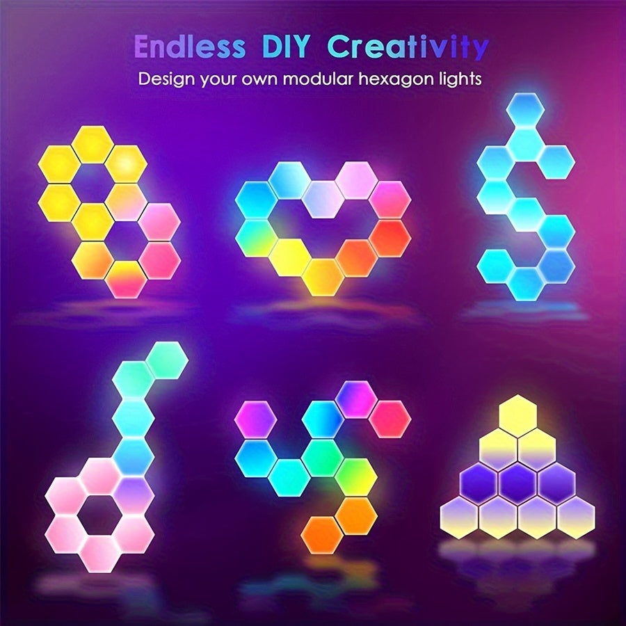 AmbiSync HexaGlow 10pc LED Wall Lights: USB-Powered, 16 Colors, App & Music Control, Remote, Modern Decor Lighting