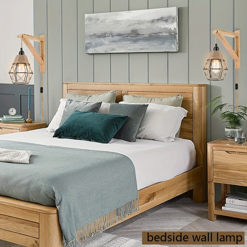 1PC Rustic Farmhouse Wall Lamp with Wood Shelf Bracket - Plug In Wall Sconces with Switch Cord for Living Room, Bedroom - Easy Installation, Space-Saving Design, and Versatile Lighting Solution (Not Include Bulb)
