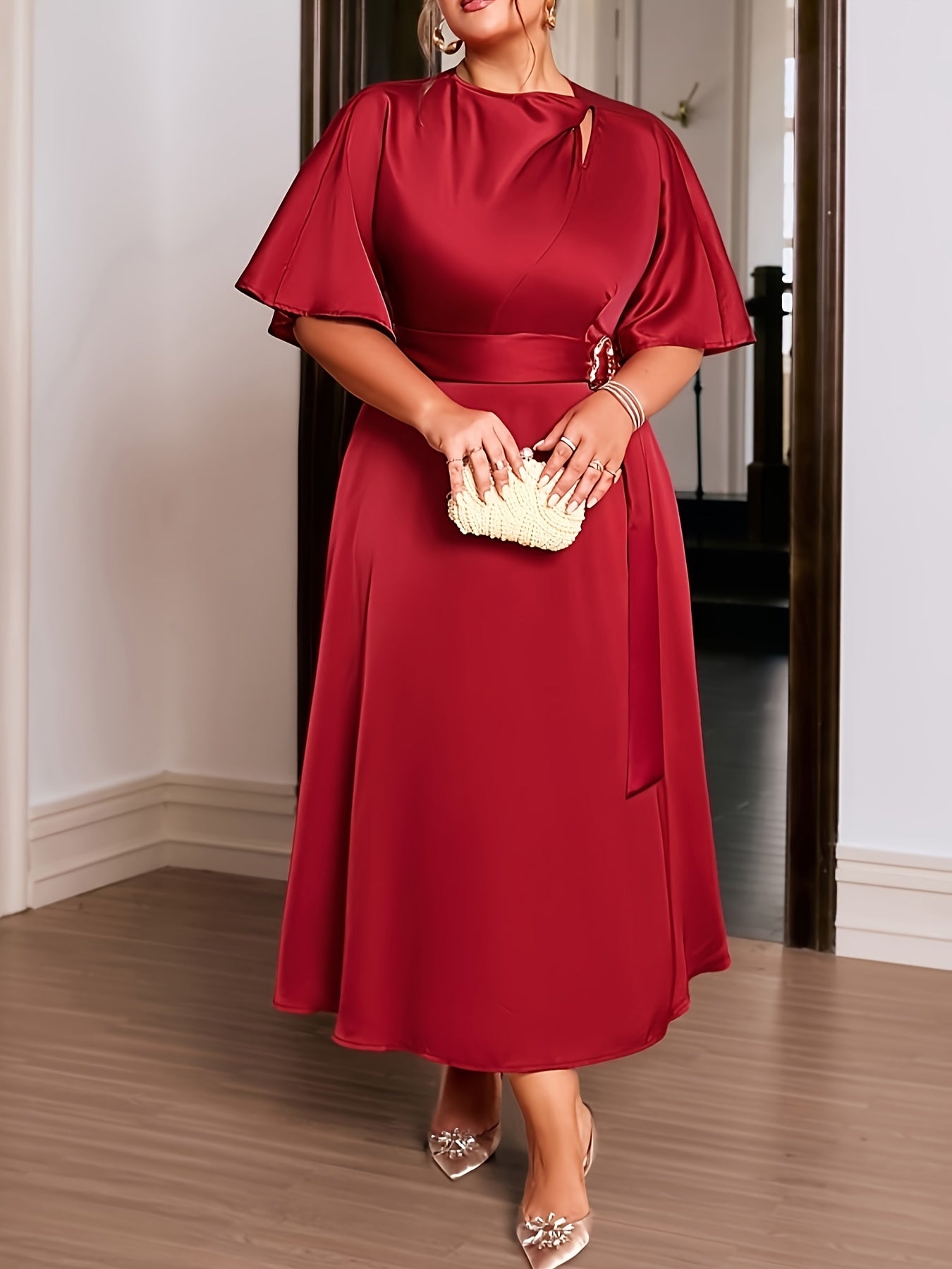 Plus Size Elegant Long Dress, Solid Color Polyester Spandex Blend Crew Neck Short Sleeve Fitted with Belt Detail