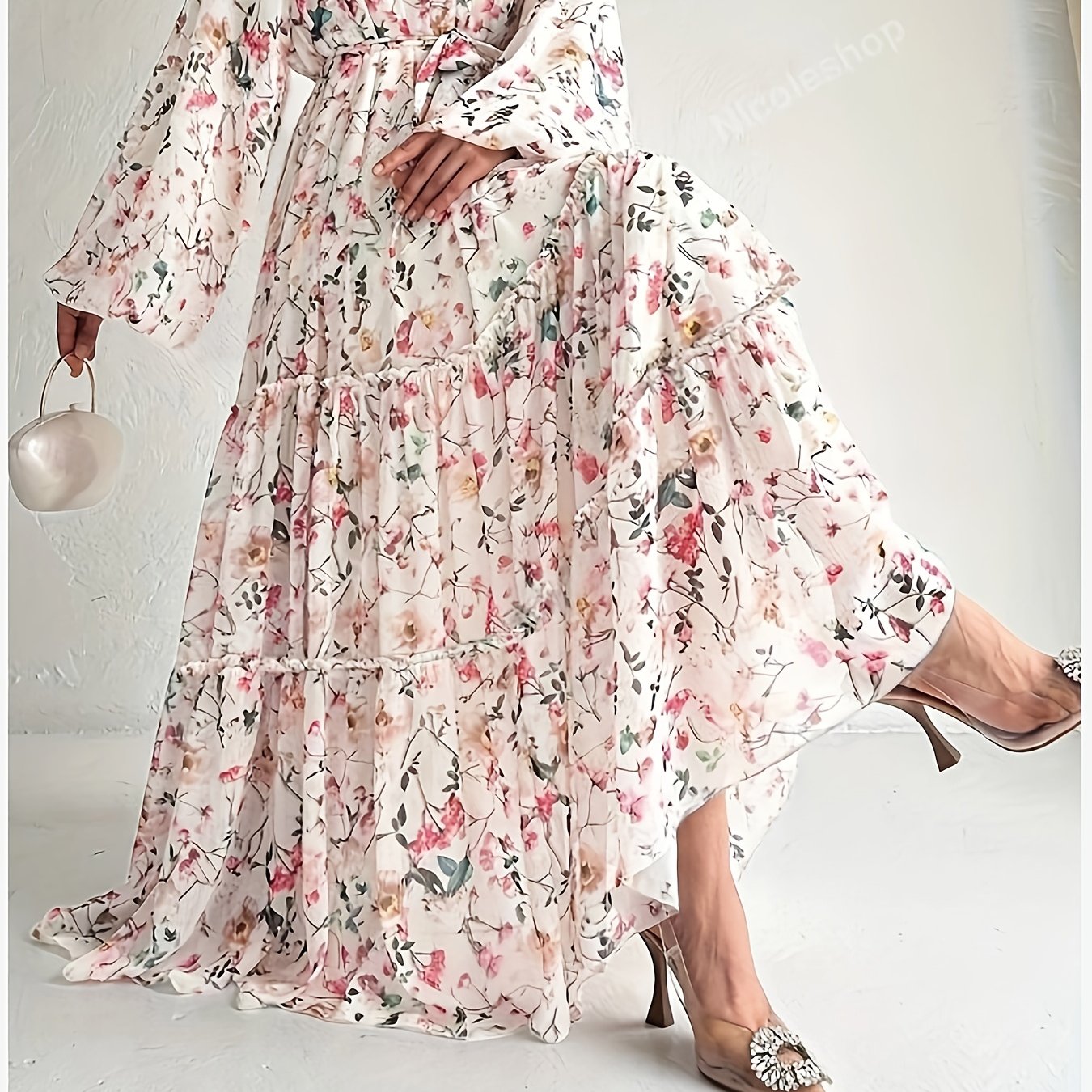 1pc Elegant Floral Print Long Dress for Women, Polyester Peplum with Belt Detail, Crew Neck, Spring/Summer Collection, Woven Fabric