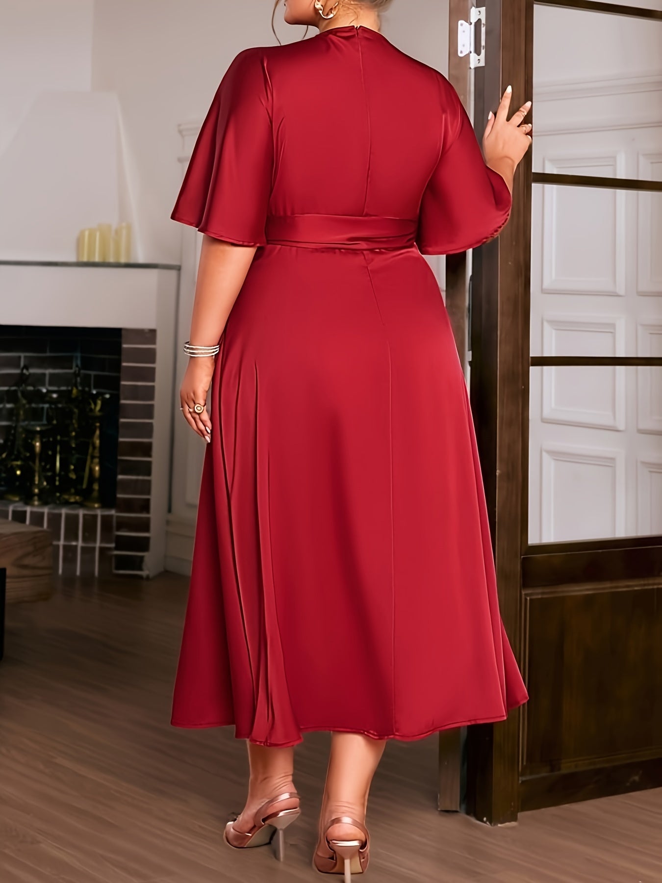 Plus Size Elegant Long Dress, Solid Color Polyester Spandex Blend Crew Neck Short Sleeve Fitted with Belt Detail