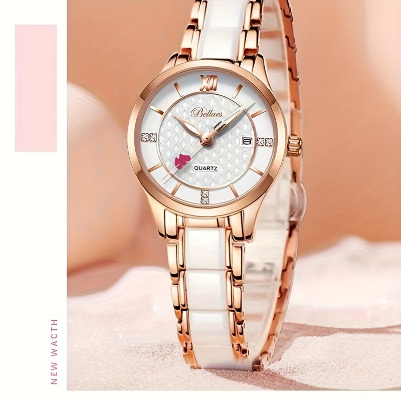 Luxury Ceramic Women's Watch with Rose Golden Case & White Dial - Quartz Movement, Date Display, Heart Accents - Elegant Valentine's Day Gift for Her, Date Feature Watch | Heart Motif Watch | Ceramic Strap Watch