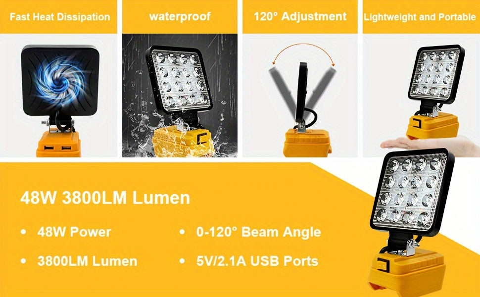 LED Work Light For DeWALT 20V MAX Battery, 90W 5400LM/60W 4500LM/48W 3800LM LED Flood Light For Outdoor, Camping, Car Repairing, Emergency And Job Site Lighting