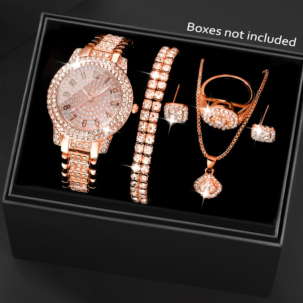 1 Round Elegant Business Casual Quartz Watch and 6 Jewelry Pieces - Perfect for Casual Attire and Gift Occasions, Birthday Gifts and Holiday Parties, Ideal for Women, Ladies, Family, Friends, Spouse, Mother