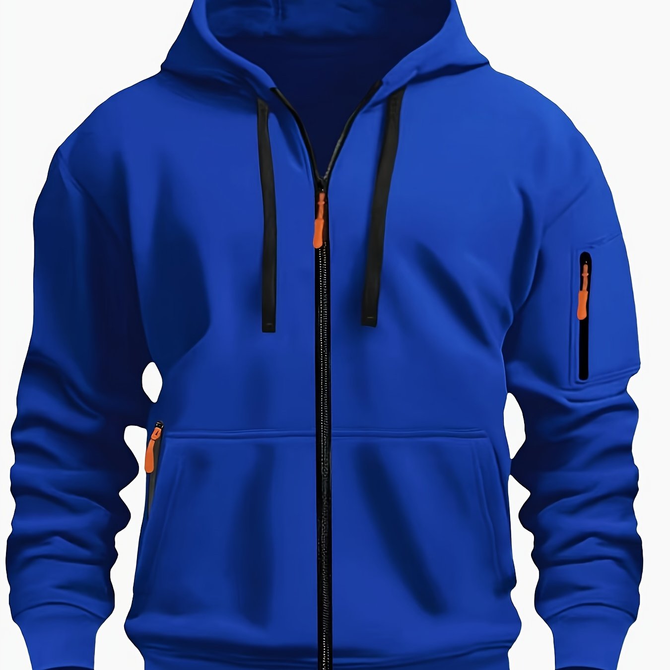 Men's Sporty Zip-Up Hoodie Jacket - Vibrant Orange with Black Zipper Accents, Polyester-Lined Comfort, Machine Washable Regular Fit for Autumn Winter Casual Outdoor Wear, Autumn Apparel