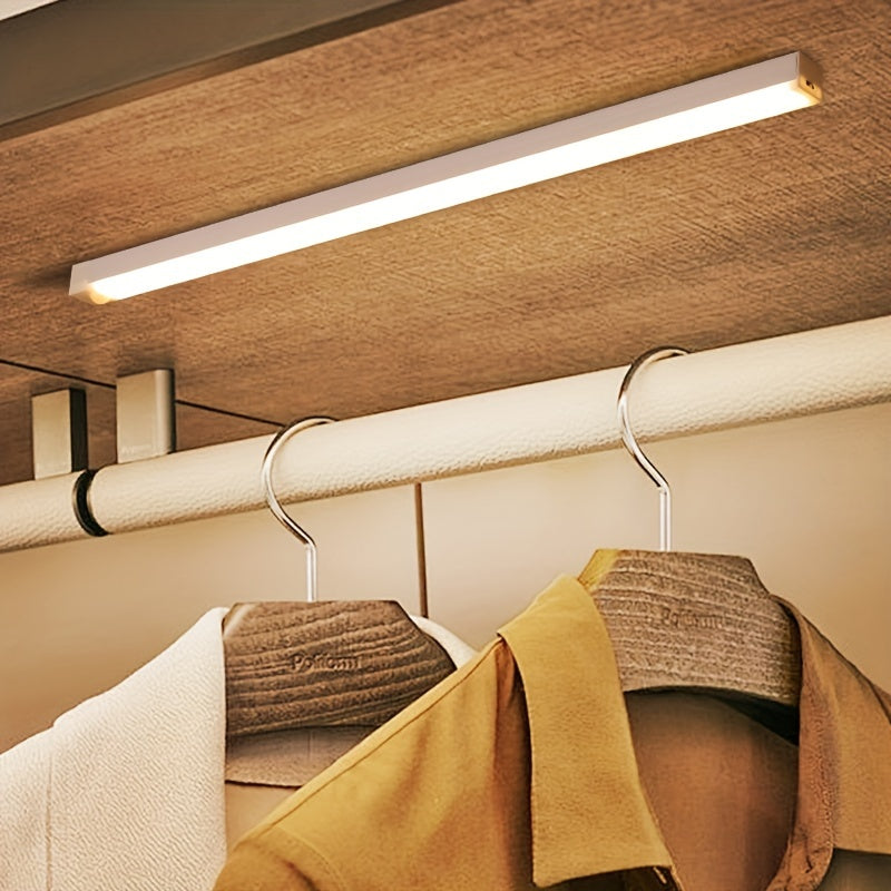 Smart Switch LED Light Human Motion Sensor Long Strip Wireless Magnetic Self-Adhesive Wardrobe Light with Charging Cabinet Light Bar for Countertop Closet Lighting, Rechargeable Kitchen Night Light Battery Powered Lamp for Wa