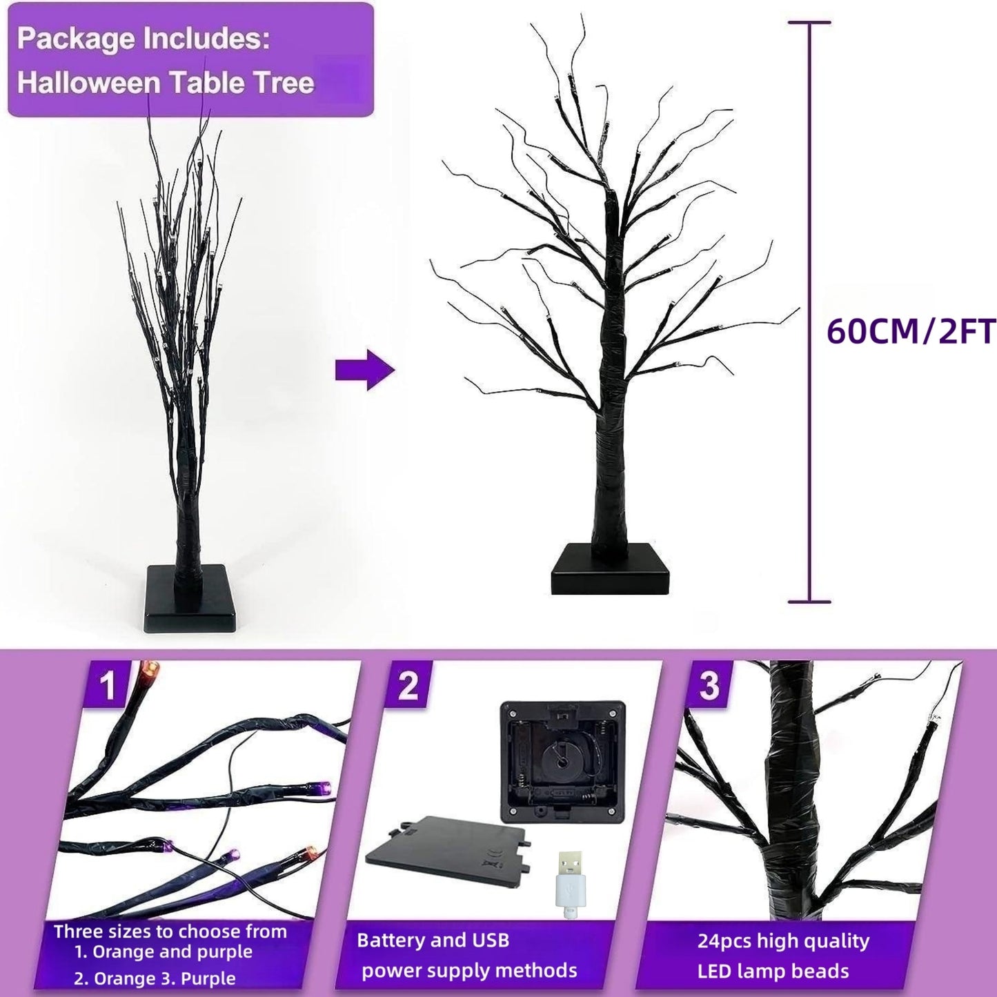 1pc 2FT Orange And Purple Lighting Halloween Decorative Tree Lights With Timer 24 LED Branch Tree Lights In Total, USB And Battery Powered, Artificial Black Desktop Ghost Tree Lights, Indoor Home Party Decoration